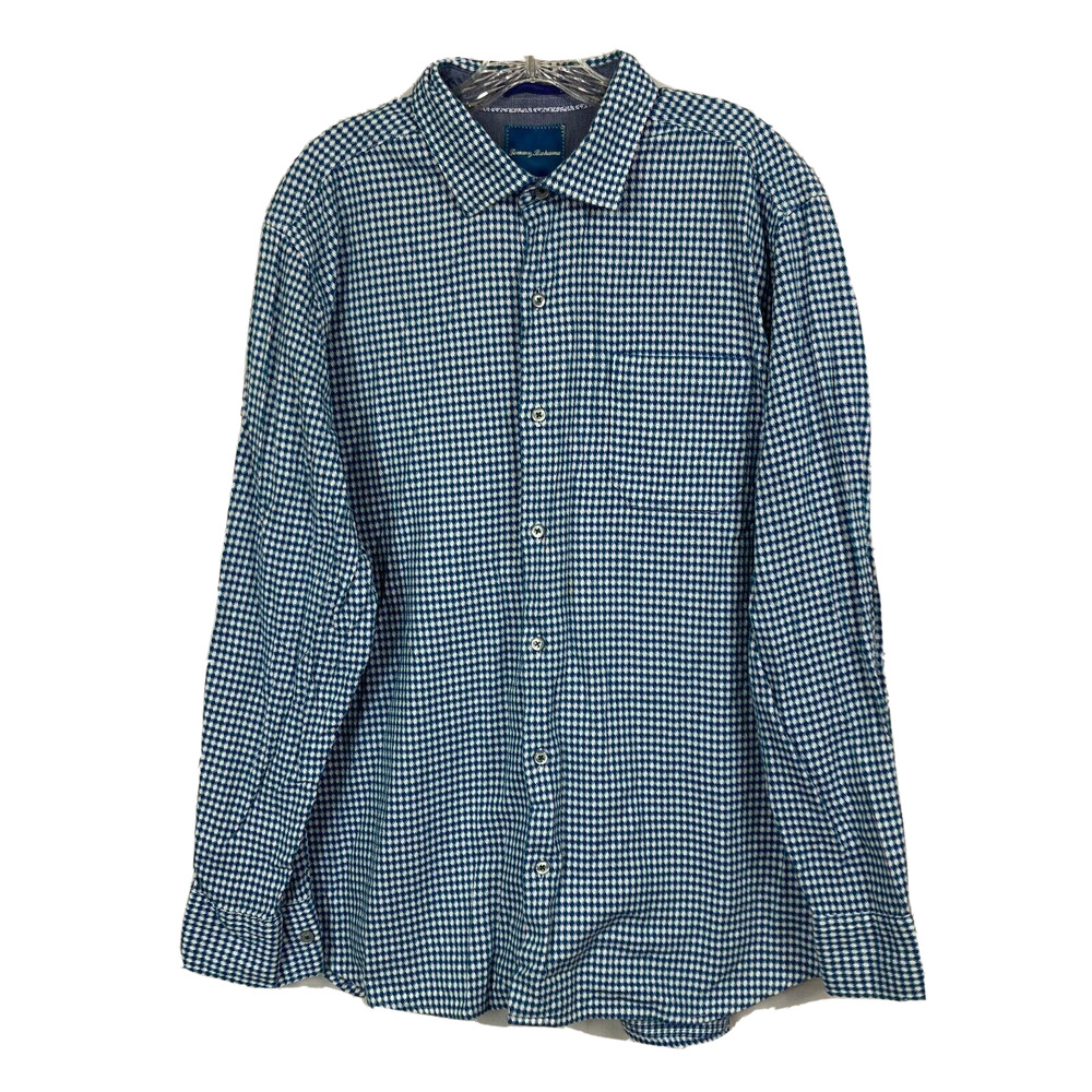 Tommy Bahama Shirt Mens Sz XL Blue White Woven Cotton Button Up Pocket